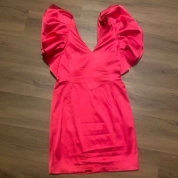 NEW KAREN MILLEN Pink Satin Ruffle Sleeve Mini Dress - Picture 4 of 5